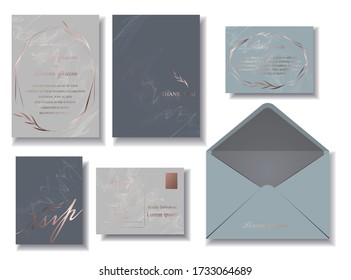 Wedding card set in blue, navy, gray color, decorated with 9-sided frame and rose gold leaf This set is a gradient color, making it look more attractive. RSVP envelope Wedding Details / Illustrations