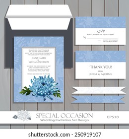 Wedding card set design. Invitation, thank you card, RSVP. Vector floral card with blue Chrysanthemum. Greeting card for Special Occasions & Life events on wood. Editable layered. Can print separately