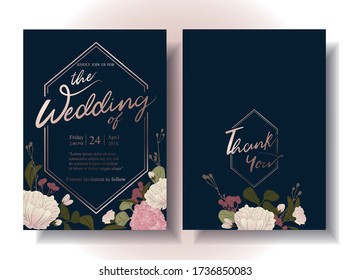 Wedding card set, elegant, navy blue, surrounded by text in rose gold 6-sided shape Decorated with colorful flowers to stand out on your wedding day. illustration/Vector