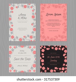 Wedding card set with flower. Grey, pink and black color.