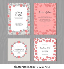 Wedding card set with flower. Grey, pink and black color.