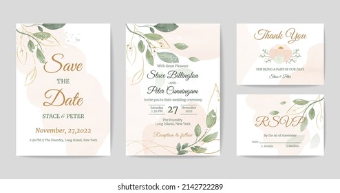 Juego de cartas de bodas, guardar la fecha, gracias, invitación de boda, rsvp, acuarela de estilo moderno. Gráfico de naturaleza rústica botánica vintage. Decoración elegante de vegetación.Plantilla romántica vectorial.