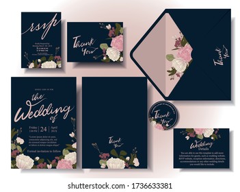 Wedding card set surrounded by flowers Drawing style: Sweet white-pink tones on a navy blue background. illustration/Vector