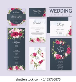 wedding card set template with beautiful floral and leaves background