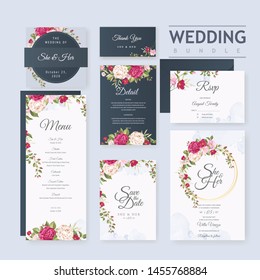 wedding card set template with beautiful floral and leaves background