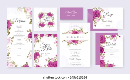 wedding card set template with beautiful floral and leaves background