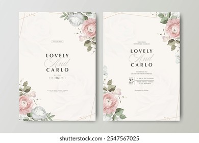 wedding card set template with floral frame ranunculus flower