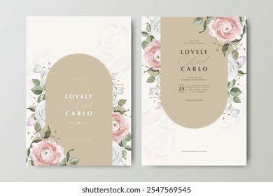 wedding card set template with ranunculus flower and creamy background