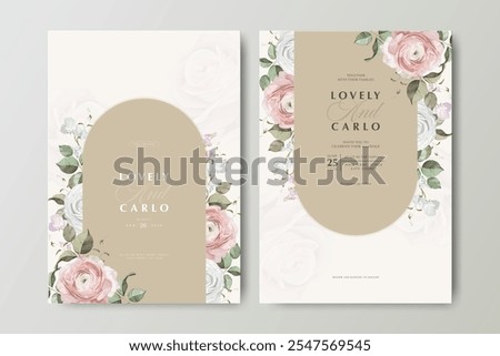 wedding card set template with ranunculus flower and creamy background