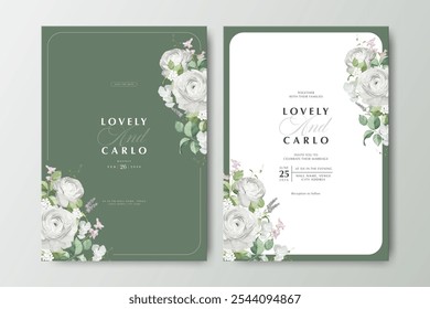 wedding card set template with white ranunculus flower and green background