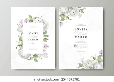 Plantilla de tarjeta de boda con decoración de flores de ranúnculo blanco