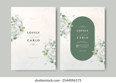 Plantilla de tarjeta de boda con la flor blanca del ranúnculo y el fondo cremoso