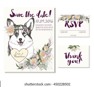 Wedding card set in trendy boho style. welsh corgi wearing flower crown and heart coulomb. Decorated with big floral bouquet and feathers. Includes save the date; rsvp and thank you cards templates.