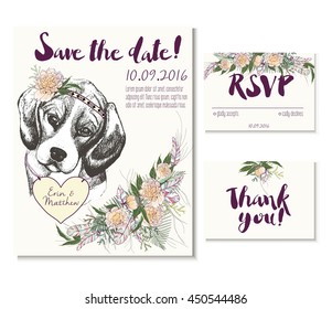 Wedding card set in trendy boho style. Siberian husky dog wearing flower crown and heart coulomb. Decorated with floral bouquet and feathers. Includes save the date, rsvp and thank you card templates.