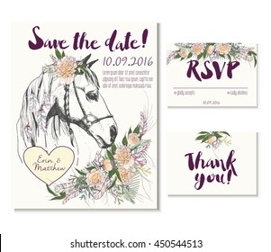 Wedding card set in trendy boho style. Siberian husky dog wearing flower crown and heart coulomb. Decorated with floral bouquet and feathers. Includes save the date, rsvp and thank you card templates.