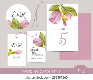 Wedding card set with watercolor flowers. Wedding label. Wedding favor gift tag. Table number. Wedding cards template.