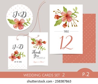 Wedding card set with watercolor flowers. Wedding label. Wedding favor gift tag. Table number. Wedding cards template.