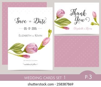 Wedding card set with watercolor flowers. Thank you card. Save the date card. Wedding cards template.