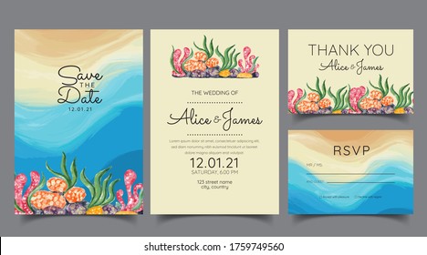 Wedding card sets, invitations. Save the date sea style design. Wash blue watercolor. Summer background. hand-drawn coral reefs.