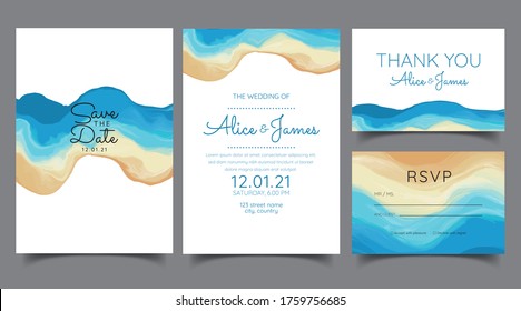 Wedding card sets, invitations. Save the date sea style design. Wash blue watercolor. Summer background. hand-drawn coral reefs.