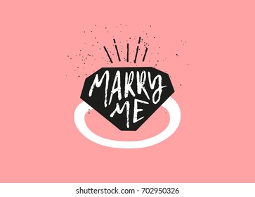 Wedding card with silhouette of a diamond ring and calligraphic text Marry me. Vector label on pink background.