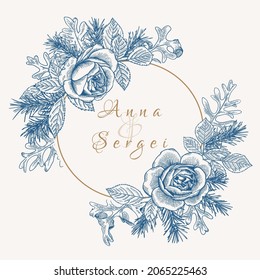 Wedding card with spruce and roses. Christmas wreath with flowers and coniferous branches.  Blue and White. Botanical vector illustration. Engraving style.