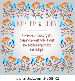 Wedding card with stylized bouquets, text on a gradient  orange background. Hand drawn.