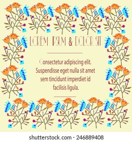 Wedding card with stylized bouquets, text  on a  light yellow   background. Hand drawn.