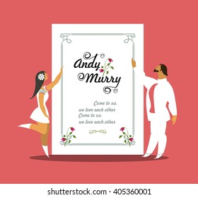 wedding card with stylized characters bride and groom hold invitation