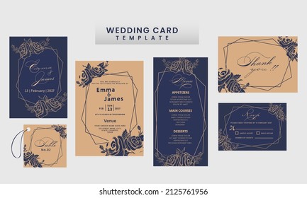 Wedding Card Suite Template Decorated With Rose Flowers In Brown And Blue Color.