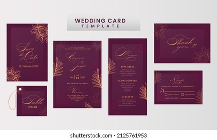 Wedding Card Suite Template Layout Decorated With Floral In Purple And Orange Color.