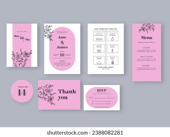 Wedding Card Suite Template Layout In White And Pink Color.