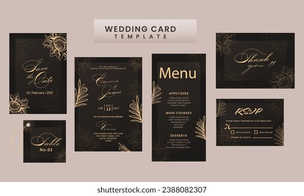 Wedding Card Suite Template Layout Decorated With Floral In Black and Golden Color.