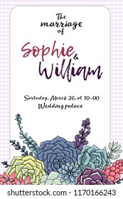 Wedding card template. Beautiful succulents pattern with colored frame and white background. Birthday, wedding, valentine’s day card. Vector background. Doodle sketch. Hand drawn illustration.
