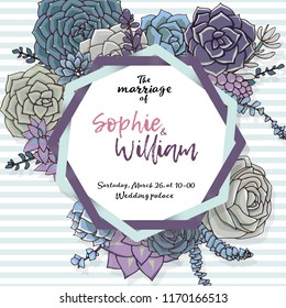 Wedding card template. Beautiful succulents pattern with colored frame and white background. Birthday, wedding, valentine’s day card. Vector background. Doodle sketch. Hand drawn illustration.