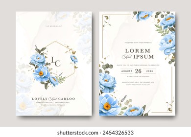 wedding card template with blue flowers and golden line frame