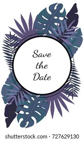 Wedding Card Template with Blue and Violet Palm Leaves