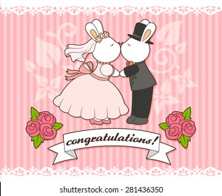 wedding card template with bunny bride and groom