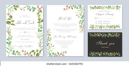 wedding card template with colorful floral and leaves wreath