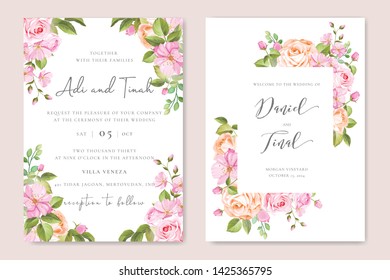 wedding card template with colorful floral and leaves wreath