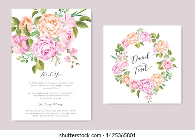 wedding card template with colorful floral and leaves wreath