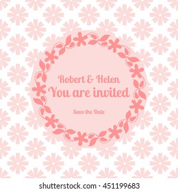 Wedding card template decorated cute pattern with floral frame. Vector illustration
