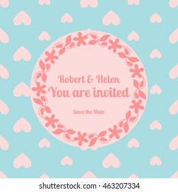 Wedding card template decorated cute pattern with floral frame. Vector illustration