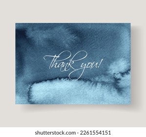 Wedding card template with deep blue watercolor washes. Thank you template. 