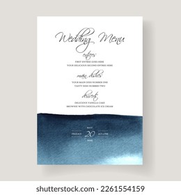 Wedding card template with deep blue watercolor washes. Wedding menu template. 