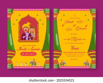 Wedding Card Template Design With Indian Couple Doing Namaste (Welcome) In Yellow Color.