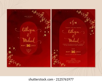 Wedding Card Template With Double-Side In Red And Golden Color.