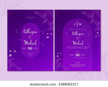 Wedding Card Template With Double-Side in Violet Color.