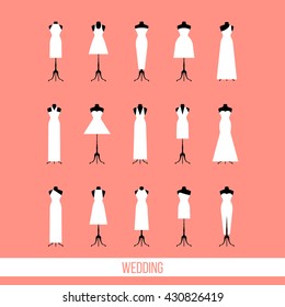 Plantilla de tarjeta de matrimonio. Vestidos de boda. Colección de ropa de caricatura plana aislada. 