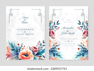 Wedding card template with elegant floral watercolor art decoration element